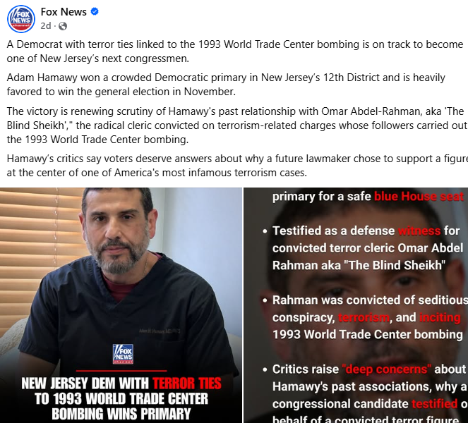 GrazianoCooper's tweet photo. @DefiantLs They are a fifth column in the US.  They are subversives. 
Congressional candidate in NJ was a character witness for the Blind Sheik, who bombed the WTC in '93.  These people hate America. https://t.co/8VLlSAGAHd