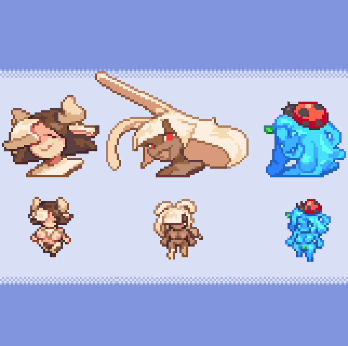 AbyssDev_MonMon's tweet photo. Lactessa, Bunbun and Sluu portrait and overworld sprite😊 #pixelart https://t.co/JpBXhuiNHo