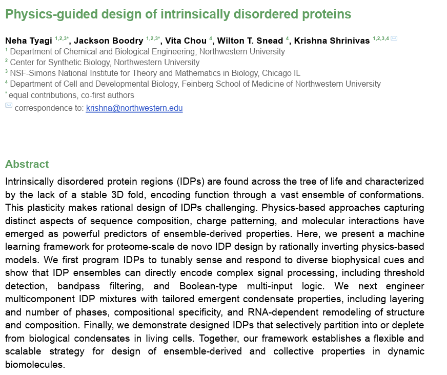 shrinivaslab's tweet photo. Intrinsically disordered proteins (IDPs) flit between diverse shapes and interact in fuzzy ensembles whose collective properties shape function.  

Q:  Can we rationally design emergent properties of IDPs?   

Our newest preprint takes a stab at this 🧵
https://t.co/dnUBz9dkas https://t.co/QiRQodyCPM