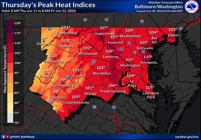 JCHSEM's tweet photo. 🚨🌡 Significant heat risk Thursday and Friday across the Eastern Panhandle. Heat index values may reach 100°–105°F.

💧 Stay hydrated
☀️ Limit time outdoors
🚗 Never leave children or pets in vehicles

Know the signs of heat exhaustion and heat stroke. https://t.co/t0CI9agJxh