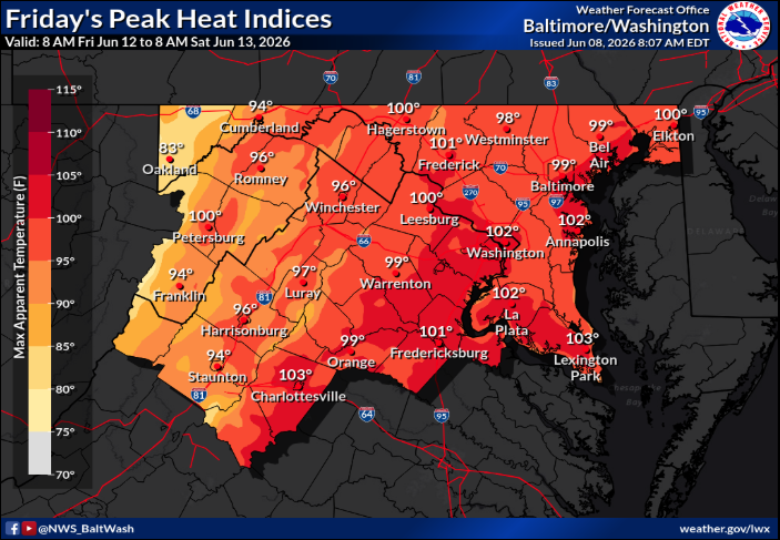 JCHSEM's tweet photo. 🚨🌡 Significant heat risk Thursday and Friday across the Eastern Panhandle. Heat index values may reach 100°–105°F.

💧 Stay hydrated
☀️ Limit time outdoors
🚗 Never leave children or pets in vehicles

Know the signs of heat exhaustion and heat stroke. https://t.co/t0CI9agJxh