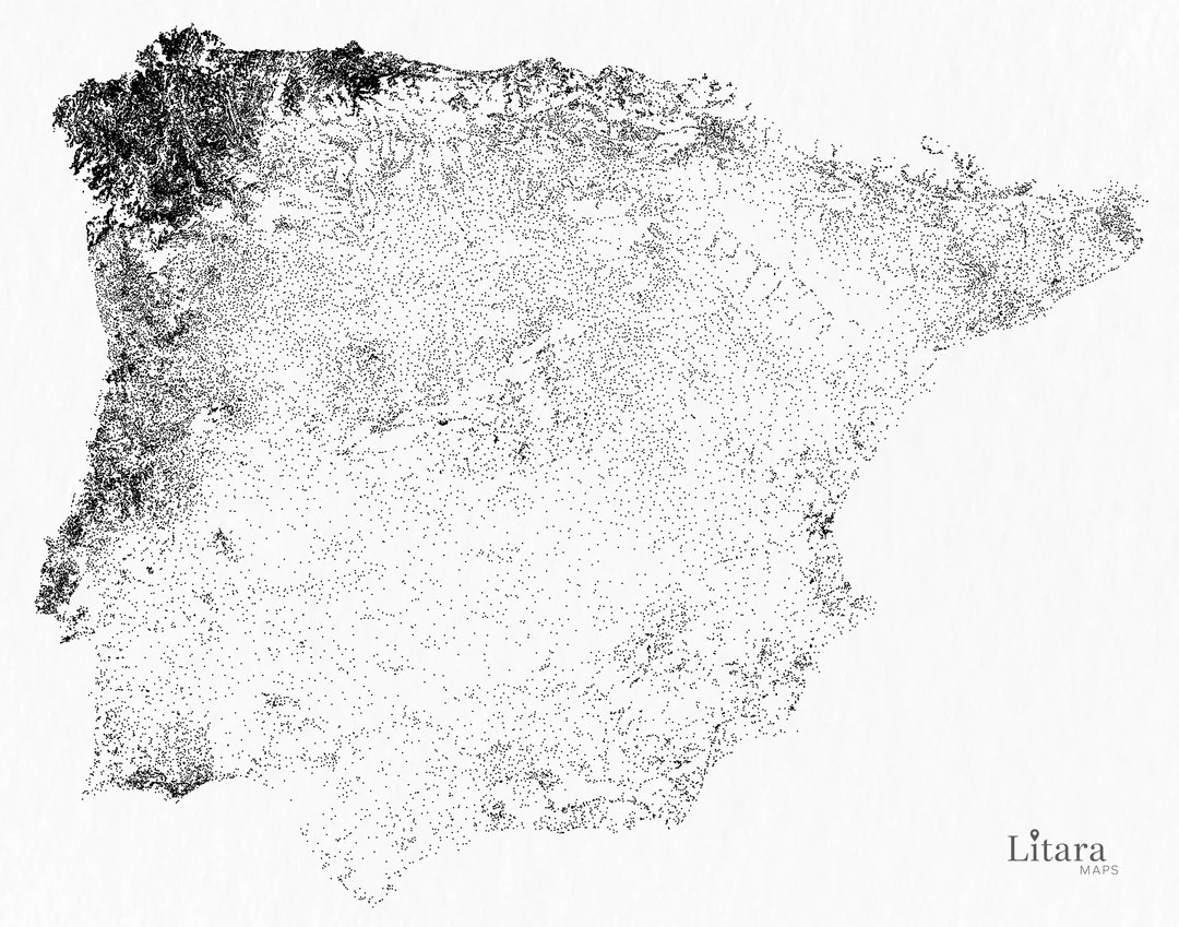 digimaps's tweet photo. Este mapa de la Península Ibérica (creado por Litara Maps) representa gráficamente todas las entidades de población o lugares habitados (ciudades, villas, pueblos y aldeas). Cada punto negro del mapa no mide habitantes, sino la ubicación geográfica de un núcleo de población. https://t.co/NcNZvshdOU