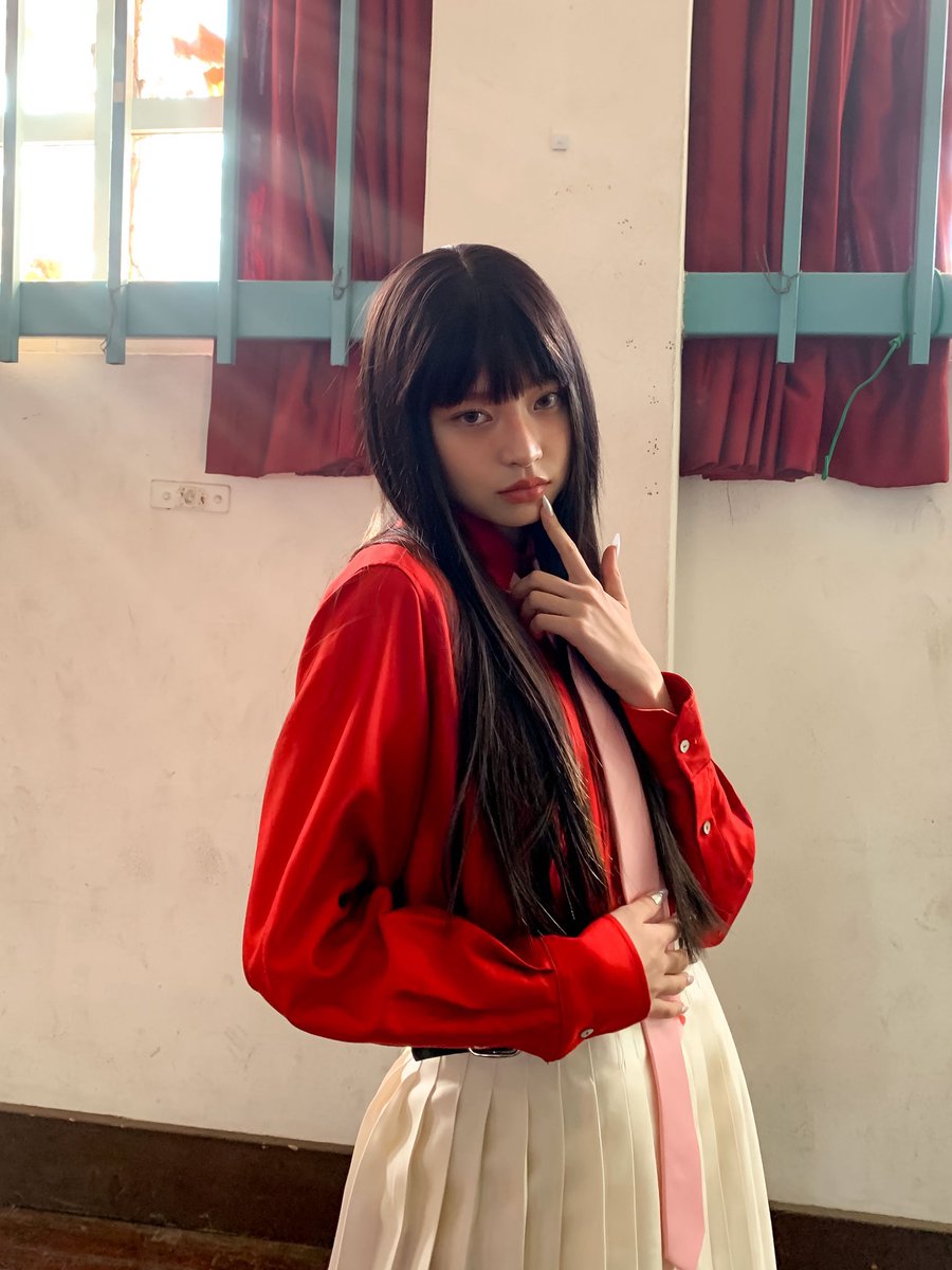 ofHaum's tweet photo. this red silk shirt feels as dramatic as my soul today. pairs well with this soft skirt &amp; tie... like sugar &amp; spice, maybe? (˵¯ ³ ¯˵) catching these stray sunbeams while trying not to look too serious... a moody cutie. https://t.co/N7fATfmOr4