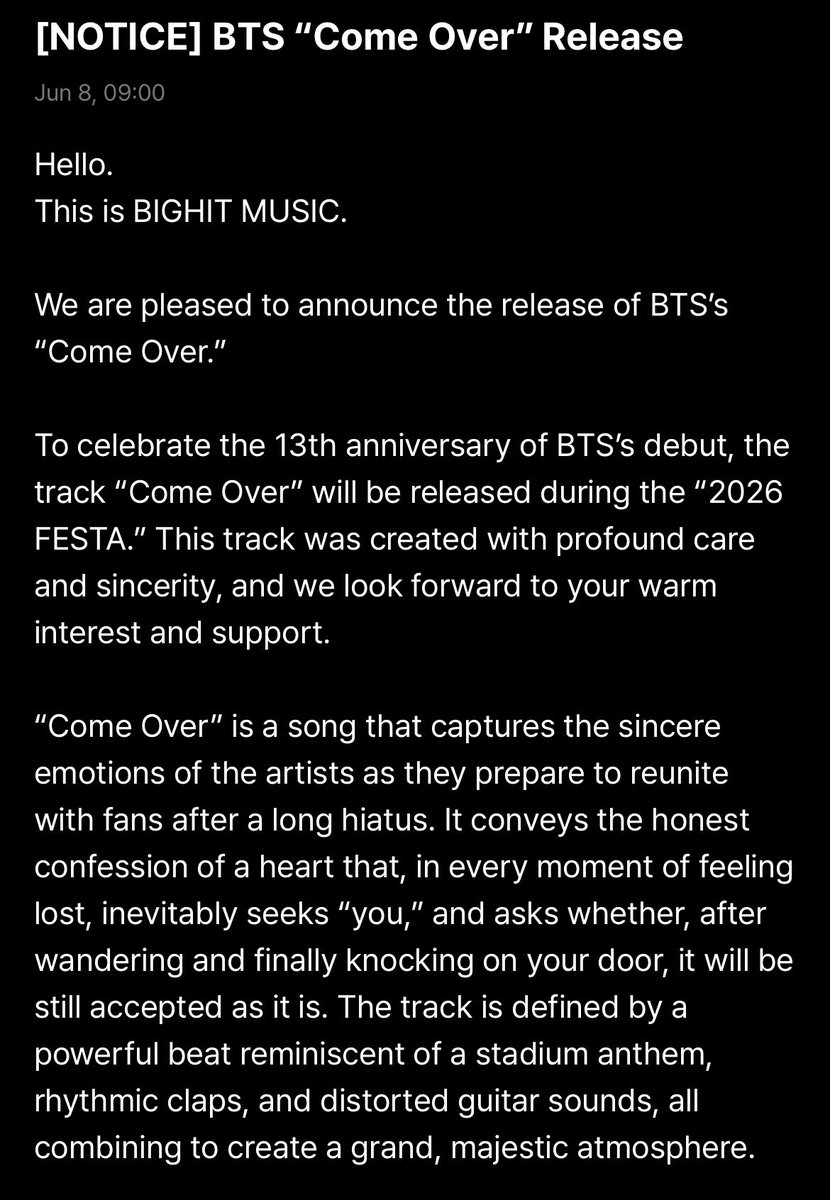 sugamihoney's tweet photo. "Come Over es una canción que captura las emociones sinceras de los artistas mientras se preparan para reunirse con los fans después de una larga pausa" 

ESTAMOS A POCOS DÍAS DE QUE SALGA 😭💜

COME OVER IS COMING
BTS IS COMING
BTS FESTA 2026
#2026BTSFESTA 
#BTS13thAnniversary https://t.co/DOBwB260D2