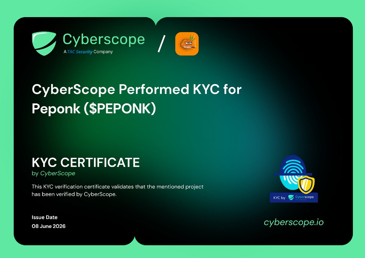 Cyberscope_io's tweet photo. We just finished the KYC for
 @peponkwtf

Check the certification.
https://t.co/cgS5yAWUTs

Want to get KYC for your project?
https://t.co/SQTFYZXpVo

#Crypto #Blockchain #Kyc https://t.co/kVhXrBRLhr