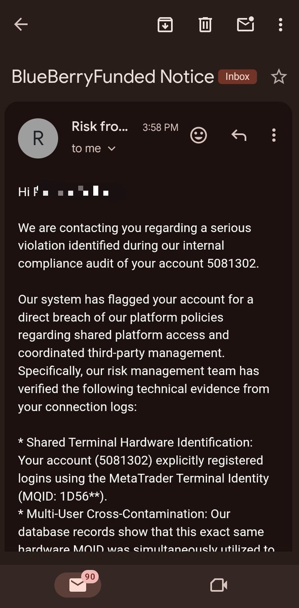 Chad_max0's tweet photo. I thought this was going to be a new stage for me after becoming $5k funded on @BlueberryFunded on Friday, I did my verification yesterday and logged in yesterday. This after I received a mail saying my account has been terminated and I have not placed any trade https://t.co/2sEFM7KBCf