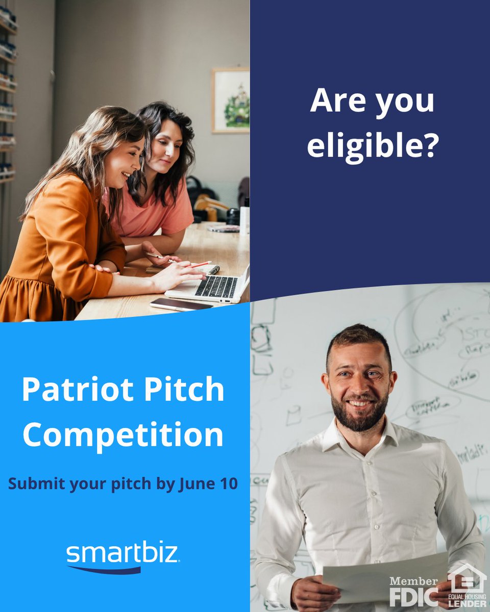 SmartBizBank's tweet photo. Time is running out to submit for the SBA Patriot Pitch Competition. Eligible small businesses have until Wednesday, June 10, to apply for the chance to pitch live and compete for a share of a $1 million prize.

Check eligibility and submit your pitch: https://t.co/4qONt7Z0iA https://t.co/KK969ldAoE