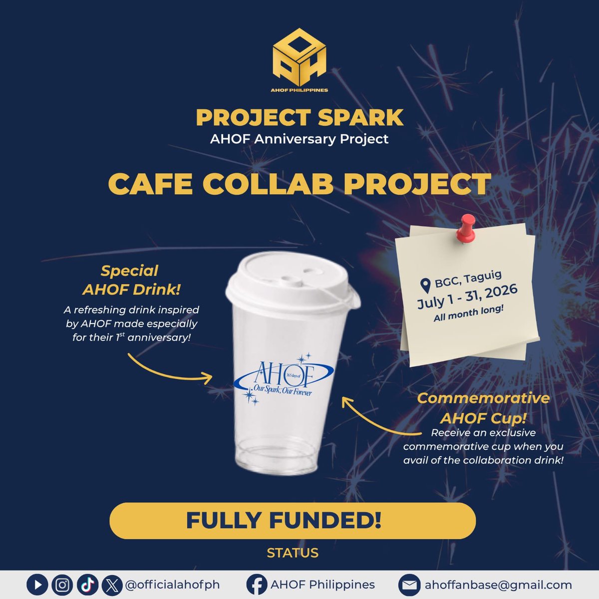 OfficialAHOFPH's tweet photo. ✨ PROJECT SPARK UPDATE ✨

Hi, FOHAs! 💙

We want to take a moment to thank everyone who has supported PROJECT SPARK so far. Your donations, shares, and encouragement mean so much to us.

Again, our CAFE COLLAB PROJECT has been fully funded and is set to run from July 1–31, 2026! 🎉

As we continue preparing for AHOF's First Spark in Manila, we've carefully reviewed our plans and made some adjustments:

•The Mural/Art Installation Project will be put on hold for now so we can focus on the Fan Pass-Through Project, which can still help introduce AHOF to more people while lessening the overall budget we need to raise.
•For the MOA Globe Ad, we are currently securing one day for now (July 25). If fundraising continues to go well, we'll do our best to extend the duration.

Every peso donated brings us one step closer to making these projects happen. If you're able to contribute, we'd greatly appreciate your support. 

🗳️Donation Form: https://t.co/9dE1OwaCsr
📊Transparency Tracker: https://t.co/g0cEC5rHXs

Thank you for your continued support and trust. Let's make these projects memorable for AHOF and FOHAs!