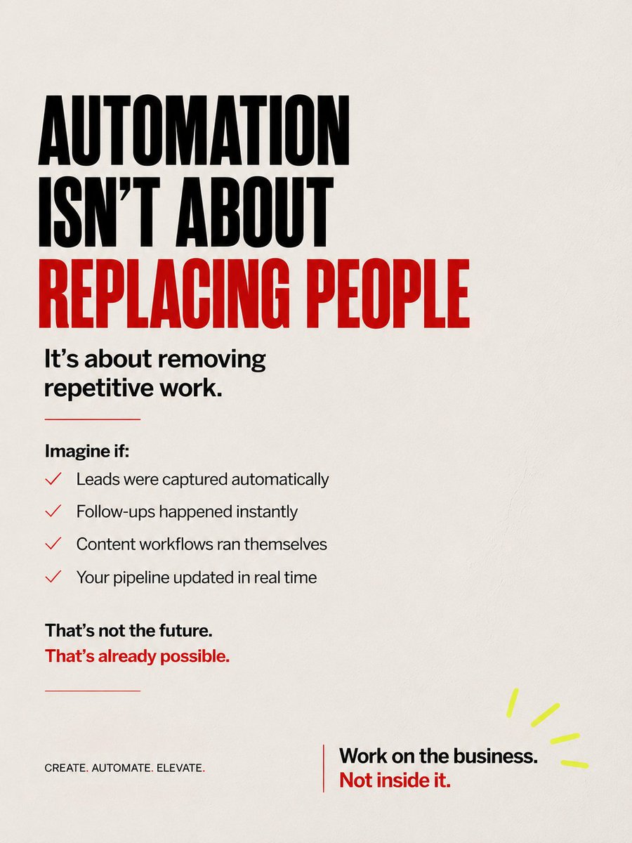 GoTouchGrass's tweet photo. Most businesses are trapped in manual mode repeating tasks, chasing leads, and drowning in repetitive work.

That’s where Touch Grass comes in.

Create. Automate. Elevate.

Stop working harder. Start working smarter.

#GoTouchGrass #BusinessAutomation #MarketingSystems https://t.co/Rg6mnb1eBx