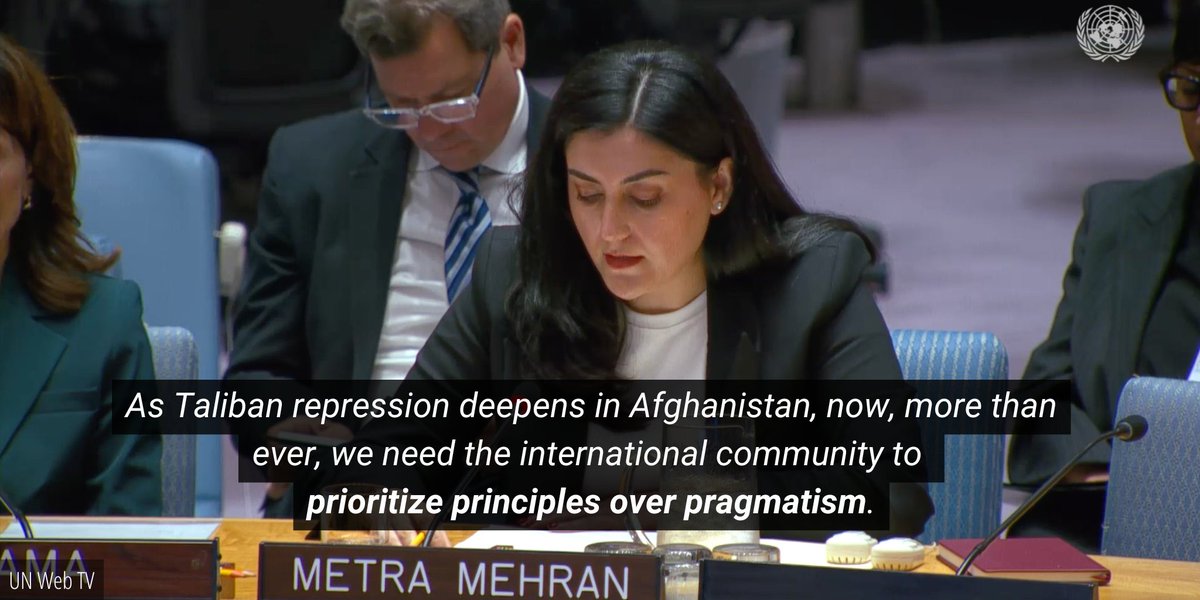 ZarqaYaftali's tweet photo. Delivering strong and clear recommendations for the renewal of @UNAMAnews’s mandate, @Metra_Mehran urged the #UNSC to ensure that UNAMA remains firmly grounded in human rights and prioritizes the implementation of the Women, Peace and Security (#WPS) agenda across all its work.

She emphasized the need for the full, equal, meaningful, and safe participation of women in all UN-led political processes, stronger protection and promotion of women’s rights and gender equality, enhanced human rights monitoring and reporting, effective measures to prevent and respond to gender-based violence, and support for Afghanistan’s compliance with its international human rights obligations, including CEDAW.
At a time when women and girls in Afghanistan face systematic repression and exclusion, these priorities must remain at the center of UNAMA’s renewed mandate.