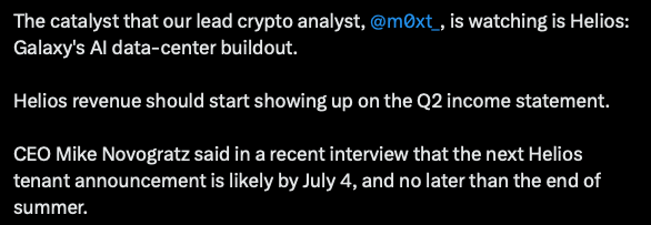 m0xt_'s tweet photo. .$GLXY is up 20% today. 

Not because of this new partnership with Morgan Stanley, but because @novogratz confirmed the next tenant (another 830MW contracted) will be locked by the end of summer. 

He also said that this is going to be the biggest data center in the US. 

It is by far my biggest position! 

More than $2B of contracted revenue by the end of summer. 
10% of that is coming online this quarter! 

@galaxyhq was also confirmed to be a part of Batch Zero, which is going to advance their further approvals!

Crypto is just a call option.

Spin-off is inevitable at some point! 

The stock will be triple digits by the end of 2028!