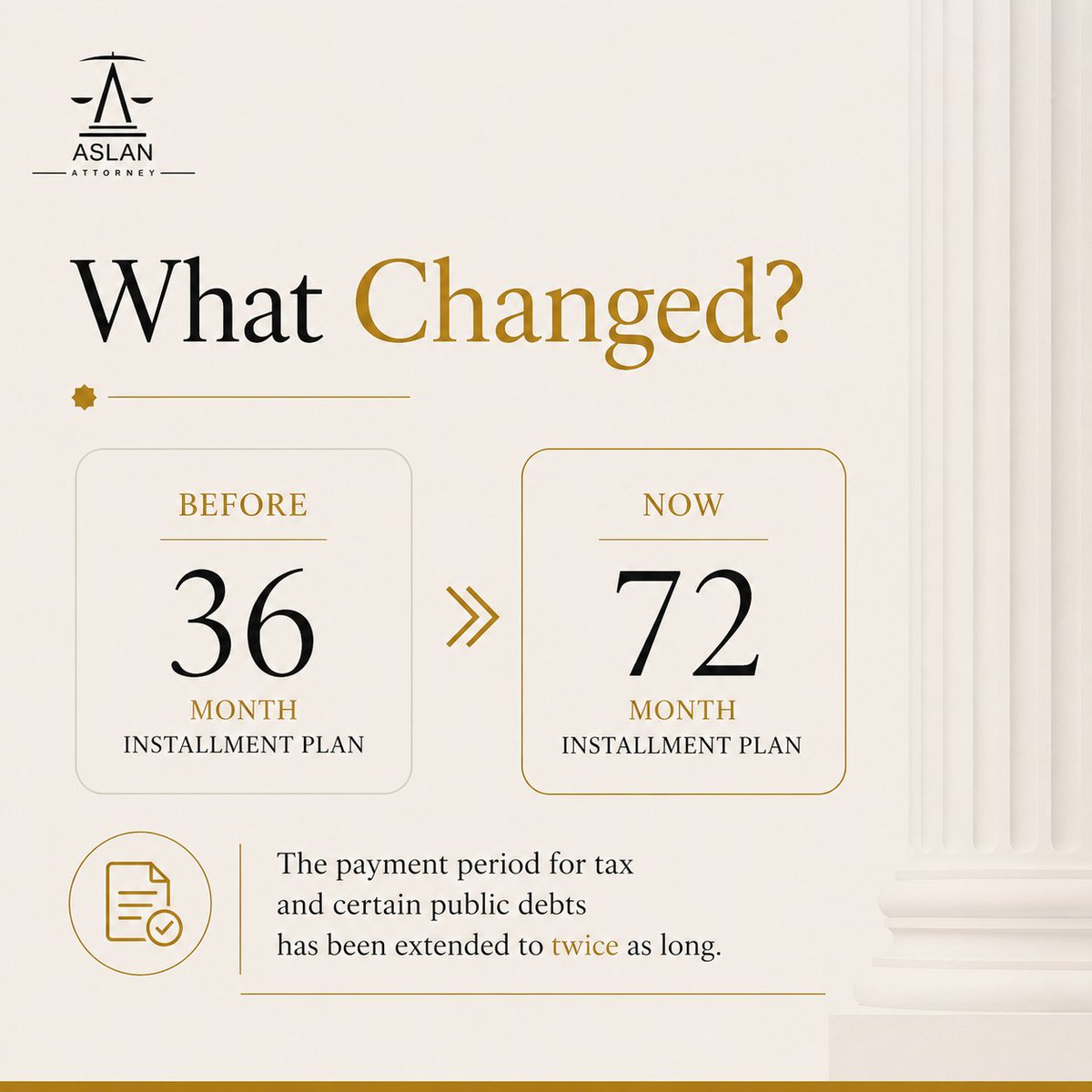 AslanAttorney's tweet photo. June 2026 Amendment: Installment Period for Tax Debts Extended to 72 Months
#TaxLaw #TaxDebt #TaxRegulations #PublicReceivables #SMEs #BusinessLaw #CorporateLaw #LegalUpdate #AslanAttorney https://t.co/ZLT1Gd1ru1