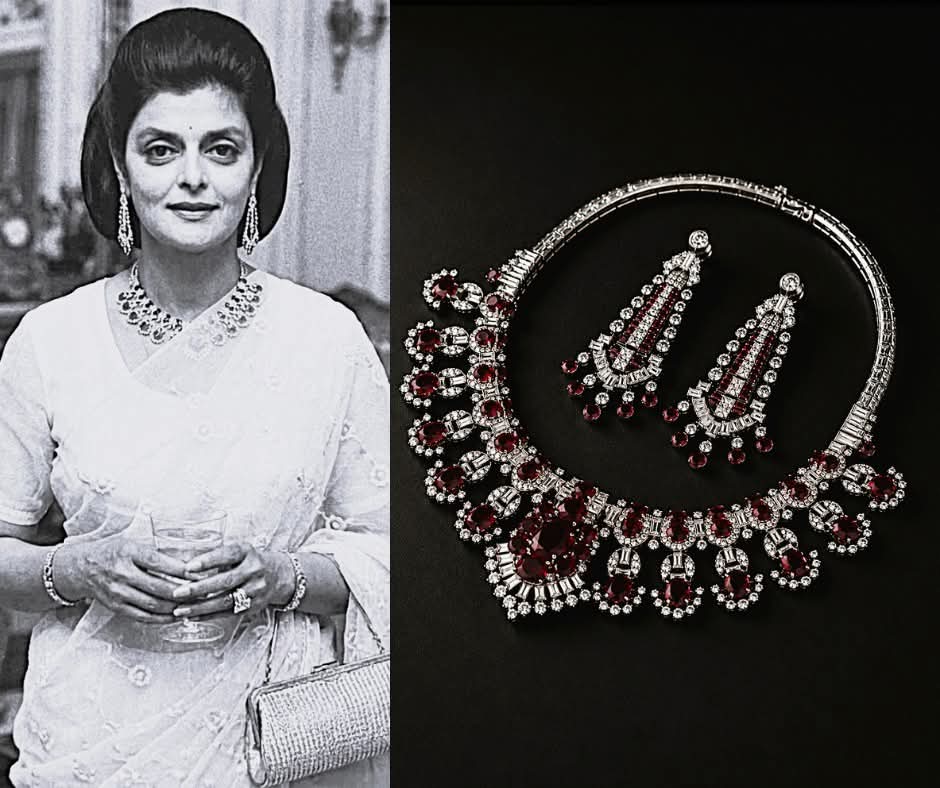 histories_arch's tweet photo. A queen who ruled without shouting—her Cartier rubies hid power, politics, and silent revolution behind elegance.

The Cartier Ruby and Diamond Parure worn by Maharani Gayatri Devi of Jaipur represents one of the most refined expressions of twentieth-century royal elegance. Created in Cartier’s London workshop in 1954, the necklace reflects the post-war shift in high jewelry toward clean lines, architectural structure, and understated luxury. Designed as a rigid platinum collar, it centers on a striking ruby and diamond composition that embodies both restraint and brilliance, perfectly aligned with Gayatri Devi’s famously elegant personal style.

Unlike traditional heavy royal ornaments, this Cartier creation was engineered with versatility in mind. The central ruby-and-diamond element can be detached and worn separately as a clip brooch, showcasing Cartier’s technical mastery in modular jewelry design. The pointed clasp, set with a precisely cut fancy diamond, serves not only as a functional fastening but also as a deliberate aesthetic focal point, reinforcing the geometric harmony of the entire piece.

Interestingly, the accompanying earrings were created earlier, around 1940–1950, and were not originally intended as part of the same set. Their pairing with the necklace demonstrates how high jewelry evolves beyond its original conception, with later styling choices transforming separate creations into a unified visual language. Together, they create a dialogue across decades of Cartier craftsmanship, blending different design eras into a single royal expression.

Maharani Gayatri Devi herself was known for redefining the image of Indian royalty in the modern world. Educated in London and admired internationally for her poise, she favored jewelry that emphasized elegance over excess. Her appearance in Cartier pieces reinforced her identity as a modern royal figure—one who combined tradition with global sophistication, and who used style as a subtle form of cultural diplomacy.

Today, this Cartier ruby parure is preserved within the British Museum’s collection and has been featured in major international exhibitions, including Maharaja: The Splendour of India’s Royal Courts. More than a jewel, it stands as a symbol of refined power—where beauty is expressed through precision, balance, and quiet authority rather than ostentation.

© Historical Stories

#archaeohistories