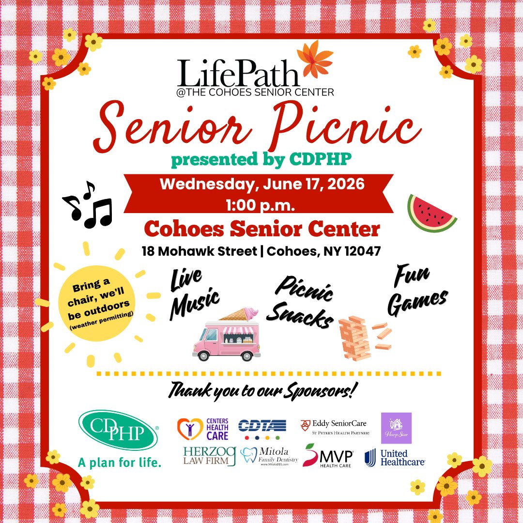 LifePathNY's tweet photo. Ready for an afternoon of summer fun?☀️🍦🎵

Join us at the Cohoes Senior Center for our Senior Picnic on Wednesday, June 17th at 1:00 p.m.! Enjoy live music,  snacks,  games, vendors, and a visit from the ice cream truck! 
 Completely FREE for older adults in our community😊 https://t.co/QaaQi4t6g6