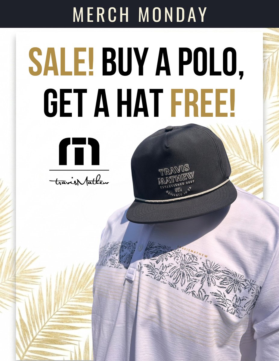 HighlandGolfAL's tweet photo. 🧢 MERCH MONDAY IS BACK 🧢

This week's featured brand: TravisMathew.

Buy any TravisMathew polo and we'll hook you up with a FREE TravisMathew hat.

Stop by the Highland Park Golf Shop and grab yours before they're gone.  While supplies last. https://t.co/CXyYElOCkq