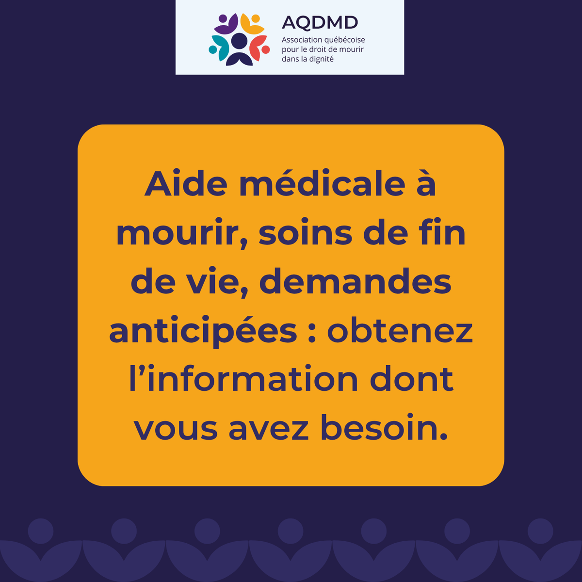aqdmd's tweet photo. Vous avez des questions sur l’aide médicale à mourir ou les soins de fin de vie? Nous sommes là pour vous répondre.

📞 514 341-4017 ✉️ info@aqdmd.org https://t.co/54IBGSCNav