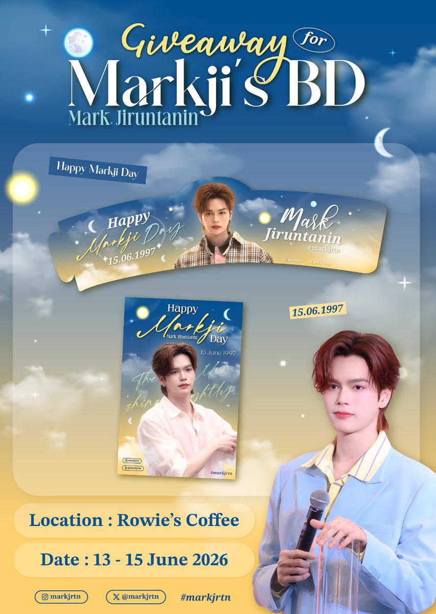 lillaby__'s tweet photo. 💙HAPPY MARKJI DAY 💛

 🎀Giveaway for Markji’s BD🎀
🌟Cup sleeve + Postcard / 1 set
📆 : 13 - 15 June 2026 (หรือจนกว่าของจะหมด)
📍: Rowie’s Coffee ( เซ็นทรัลลาดพร้าว และ ซีคอนบางแค)

🌞Buy 1 drink , get 1 set 🌜

ขอบคุณรูปภาพสวยๆจากคุณ  @janjanpeach 🙇🏻‍♀️💕 

#markjrtn https://t.co/7XOgiIC4bL
