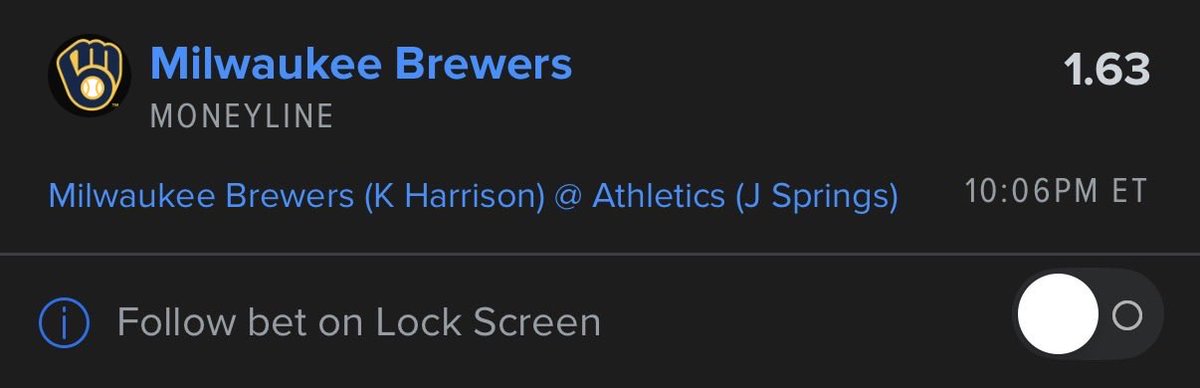ParlayHawk's tweet photo. MLB MONEYLINE PICK OF THE DAY ⚾️

→ Milwaukee Brewers ML

Brewers are starting Harrison today. He’s throwing a 1.58 ERA, and given up 3 earned runs over his last 27.2 innings pitched. That’s crazy good.

Athletics are starting Springs. He’s throwing a poor 4.42 ERA, and given up 15 earned runs over his last 25.3 innings pitched.

Harrison gave up 1 earned run in his last 23.2 innings pitched. His control and confidence are at its peak. He will absolutely dominate today.

Backing the Brewers ✅
