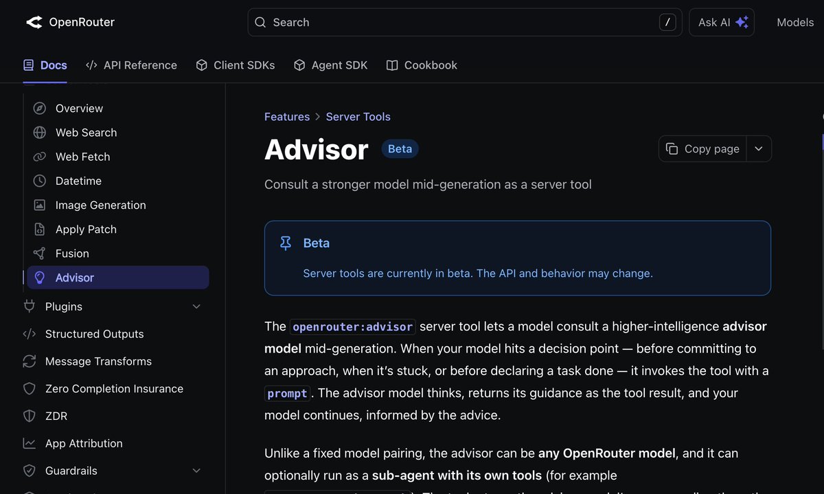 OpenRouter's tweet photo. New server tool: Advisor

Let smaller models consult a higher-intelligence "advisor" model.

Helps them escape doom loops, and helps you migrate to cheaper models! 🧵