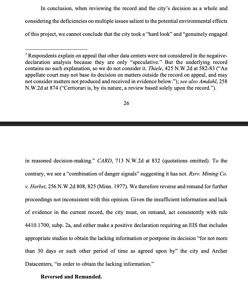 klemzforhouse's tweet photo. Another MN data center proposal loses in court, this time in Faribault. Failure to do adequate environmental review presents "danger signals" that approval of the environmental study hadn't "genuinely engaged in reasoned decision-making" https://t.co/dmZjKSoX3V https://t.co/rYvpS0iupj