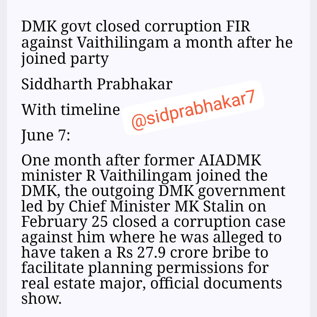 Sidprabhakar7's tweet photo. Exclusive: DMK government under Chief Minister MK Stalin closed a corruption FIR against former AIADMK minister Vaithilingam one month after he joined DMK.
Feb 25: DVAC files a closure report in court.
Jan 21: Vaithilingam joins DMK.
Curiously, the closure report was confirmed by DVAC in court on June 4, after TVK govt under CM Vijay took over.
Detailed report tomorrow 
#DMKWashingMachine