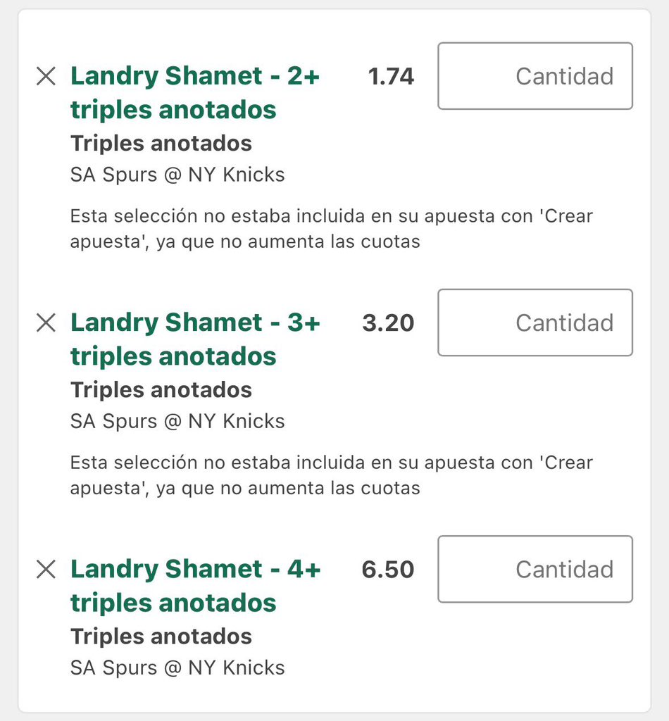 balalobets's tweet photo. ❄️💰 Recién Descongelado 💰❄️

🪜ESCALERA LANDRY SHAMET TRIPLES - GAME 3🪜

🏀 New York Knicks vs San Antonio Spurs

🎯 Escalera:

Landry Shamet +1.5 triples@ 1.74 (stk 10)
Landry Shamet +2.5 triples@ 3.20 (stk 5)
Landry Shamet +3.5 triples@ 6.50 (stk 2)

❤️ Si la sigues

📊 Argumento:

Landry Shamet se ha consolidado como uno de los principales especialistas exteriores de la rotación de New York. En unas Finales donde las defensas están colapsando constantemente sobre las estrellas principales, los tiradores abiertos están teniendo un papel cada vez más importante.

La línea de +1.5 triples parece la más accesible porque Shamet necesita únicamente dos aciertos desde el perímetro, algo perfectamente alcanzable si supera los 20 minutos en pista.

La de +2.5 triples ya busca aprovechar un escenario donde San Antonio priorice cerrar la pintura y las penetraciones, generando tiros liberados en las esquinas y situaciones de catch & shoot, precisamente el punto fuerte de Shamet.

Para la cuota más alta (+3.5 triples), el argumento es que un partido igualado suele aumentar los minutos de los especialistas, y Shamet tiene la capacidad de entrar en racha rápidamente. Con 8-10 intentos desde el triple, cuatro conversiones no serían ninguna sorpresa.

📈 Proyección:

➡️ 2-4 triples para Shamet
➡️ 22-28 minutos en pista
➡️ 6-14 puntos