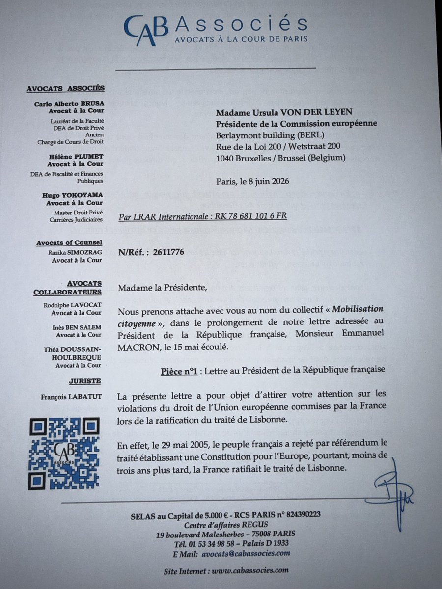 cab2626's tweet photo. Lettre RAR à Madame Von Der Leyen pour contester la violation de la ratification du traité de Lisbonne au nom du collectif Mobilisation citoyenne ! 
contact@mobilisation-citoyenne.fr https://t.co/g7HWPGv3MF