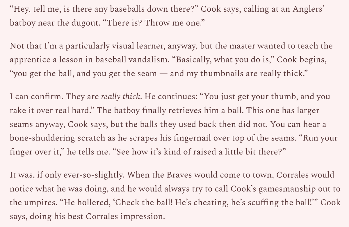 mpalmarDO's tweet photo. Fittingly, before his second summer as Chatham's manager, my first Substack story is on former 15-year MLB reliever Dennis Cook. 

When I profiled him last summer, I had to leave out a ton of anecdotes. 

Here's one, where he gave me a step-by-step lesson on defacing a baseball. https://t.co/xDxgBhBQ5S