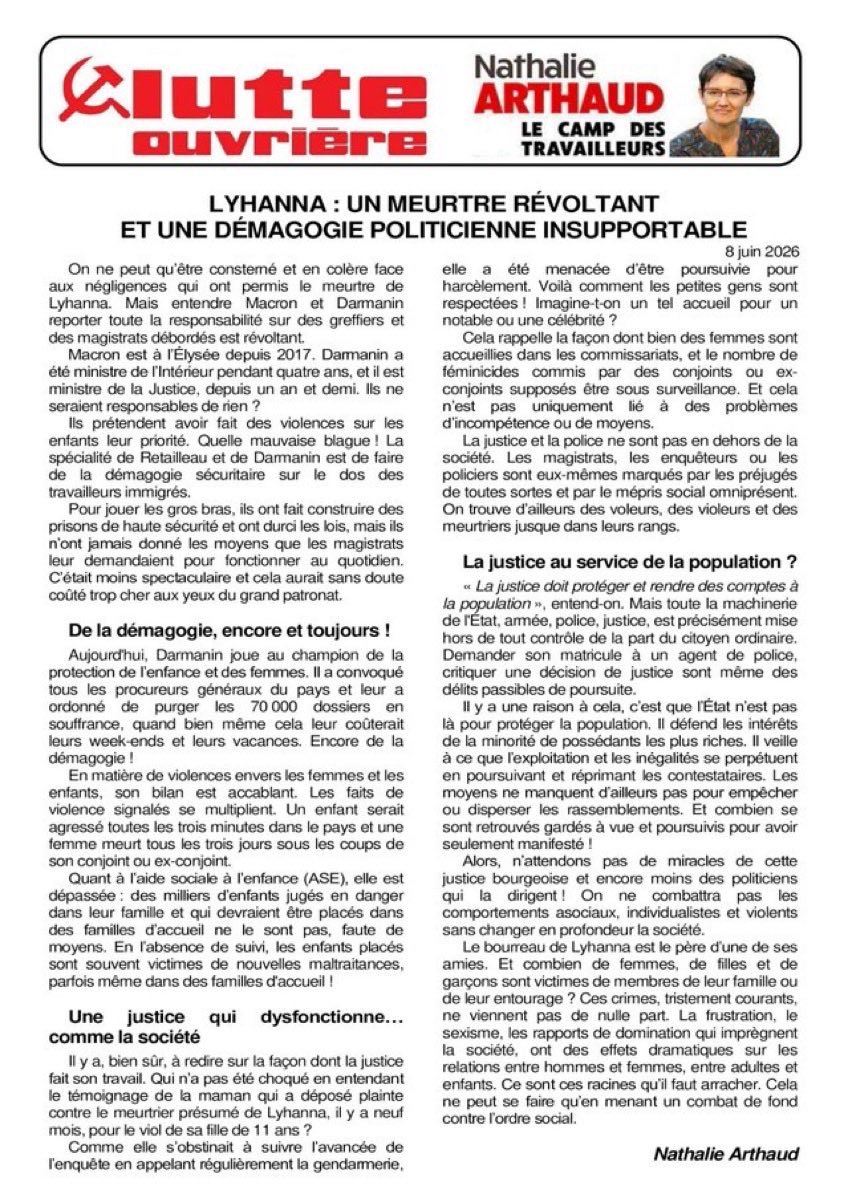 n_arthaud's tweet photo. Lyhanna : un meurtre révoltant et une démagogie politicienne insupportable !
L'édito de cette semaine ⬇️ https://t.co/rI5g3DkXnw