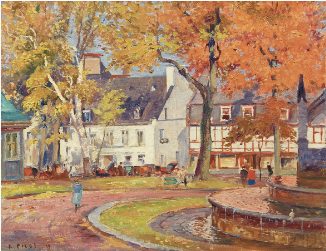 Canadian_art's tweet photo. Robert Wakeham Pilot, "Place d’Armes, Quebec", 1949. Sold for $26,400. in 2020. See "The Beaver Hall Group and Its Legacy", "The Women of Beaver Hall: Canadian Modernist Painters", and "Prudence Heward: Canadian Modernist Painter". All by Evelyn Walters. https://t.co/Wk6wcXGiae