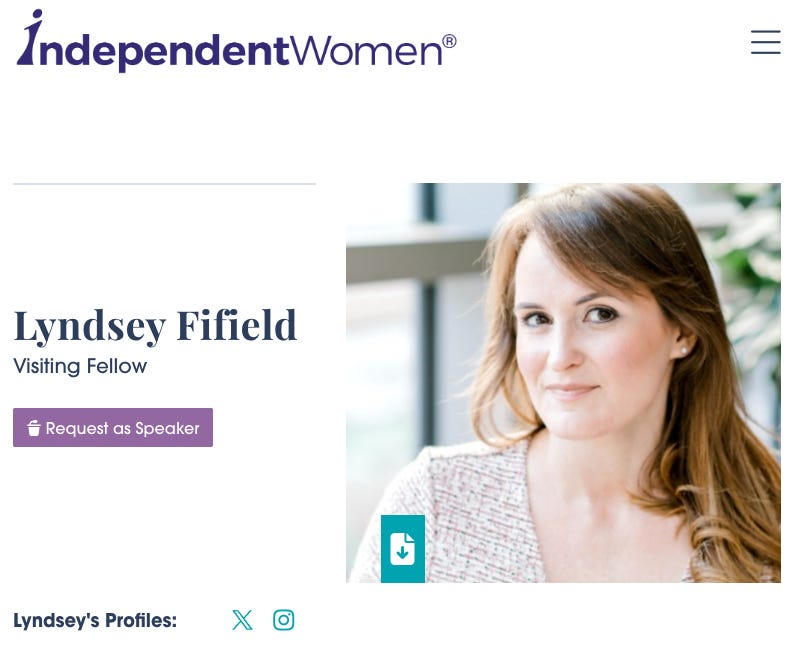 joewrote's tweet photo. The New York Times said Lyndsey Fifield is no longer active with the Independent Women's Forum, the conservative group that defended Brett Kavanaugh.

But if you google “Lyndsey Fifield”, the top result is her active IWF profile page. You can even book her as a paid speaker. https://t.co/wh1aqoHsXE