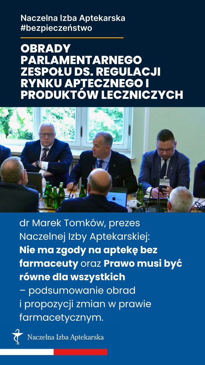NaczelnaA's tweet photo. Podsumowanie debaty Parlamentarnego Zespołu ds. Regulacji Rynku Aptecznego i Produktów Leczniczych

https://t.co/3RpOnoTQbf

Za nami kolejne posiedzenie Parlamentarnego Zespołu ds. Regulacji Rynku Aptecznego i Produktów Leczniczych, które odbyło się 8 czerwca 2026 r. Dyskusja po raz kolejny zogniskowała się wokół prób forsowania projektów deregulacyjnych, https://t.co/n2eLcTPrxr. autorstwa Fundacji Blisko Ciebie, które w ocenie samorządu aptekarskiego uderzają w fundamenty funkcjonowania rynku oraz deprecjonują rolę magistra farmacji.

Prezes Naczelnej Rady Aptekarskiej, dr Marek Tomków, stanowczo odrzucił propozycje zmian, które rzekomo mają ułatwić prowadzenie biznesu, a w rzeczywistości stanowią bezpośrednie zagrożenie dla bezpieczeństwa pacjentów i prestiżu zawodu farmaceuty.

Naczelna Izba Aptekarska zaprezentowała twarde i racjonalne stanowisko, punktując luki i zagrożenia płynące z proponowanych regulacji.

Główne argumenty Prezesa Naczelnej Rady Aptekarskiej:
- Nie ma zgody na aptekę bez farmaceuty: Naczelna Izba Aptekarska absolutnie sprzeciwia się pomysłom zastępowania magistrów farmacji technikami farmaceutycznymi podczas dyżurów. Próba łatania braków kadrowych lub szukania oszczędności poprzez obniżanie standardów opieki jest niedopuszczalna.
- Obrona zasady „Apteka dla Aptekarza” (AdA): Prezes NRA przypomniał, że AdA chroni polski rynek przed przejmowaniem placówek przez zagraniczne fundusze i wielkie korporacje. Proponowane przez oponentów tworzenie spółek z o.o. umożliwiłoby omijanie przepisów antykoncentracyjnych i całkowite zdominowanie rynku.
- Prawo musi być równe dla wszystkich: Tworzenie dwóch stanów prawnych – jednego dla aptek otwartych przed 2017 rokiem, a drugiego dla nowszych placówek – jest całkowicie nielogiczne i niezgodne z zasadą równości wobec prawa.
Dziedziczenie i zbywanie już istnieje: Manipulacją jest twierdzenie, że aptek nie można obecnie przekazywać. Prawo do dziedziczenia w przypadku jednoosobowych działalności gospodarczych zostało wprowadzone już w 2007 roku. Istnieje również możliwość zbycia zezwolenia.
- Twarde „NIE” dla interpretacji indywidualnych NFZ: Zgłoszony pomysł wydawania przez NFZ interpretacji indywidualnych doprowadziłby do chaosu i sytuacji, w której Fundusz kreowałby prawo pod własne dyktando. To dzięki staraniom NIA farmaceuci nie ponoszą już odpowiedzialności finansowej za błędy systemu P1.
- Surowe kary za „słupowanie”: Izba jednoznacznie popiera postulat surowego karania – w tym karą pozbawienia wolności – osób, które użyczają swojego nazwiska lub Prawa Wykonywania Zawodu do omijania prawa antykoncentracyjnego. Ponadto, proponujemy nałożenie kar do 10 milionów złotych na hurtownie przejmujące kontrolę nad aptekami.

„Każdy z zawodów ma swoje kompetencje. Nie próbujmy na siłę układać życia grupom zawodowym i budzić demonów. (…) Wyjściem nie jest sytuacja, w której farmaceuta jest wymieniany na technika, bo tak jest taniej.” – mówi dr Marek Tomków, Prezes NRA.

Zjednoczony front przeciwko deregulacji
Stanowisko Prezesa NIA zostało silnie poparte przez przedstawicieli innych organizacji i okręgowych izb aptekarskich, którzy również wyrazili głęboki sprzeciw wobec projektów uderzających w zawód:
- Głosy Okręgowych Izb Aptekarskich: Przedstawiciele izb z Częstochowy, Bydgoszczy i Szczecina jednoznacznie odrzucili projekty. Przypomniano, że to farmaceuta jest gwarantem bezpieczeństwa. Wskazano na twarde dane: 82% techników farmaceutycznych nie chce pracować samodzielnie na dyżurach, a podczas dyżurów nocnych aż 40% pacjentów potrzebuje leków z wykazu A i N, których technik wydać nie może.
- Związek Aptek Niezależnych (ZAPPA): Stanowczo skrytykowano projekt jako „nieakceptowalny” ze względu na to, że prowadzi do dewastacji rynku i znosi przepisy ustanowione w interesie publicznym. Podkreślono również, że to nieograniczony rozwój „sieciówek” niszczy dorobek życia małych, rodzinnych aptek.

Całość nagrania można obejrzeć na stronach Sejmu:
https://t.co/xSNVEpJjhs