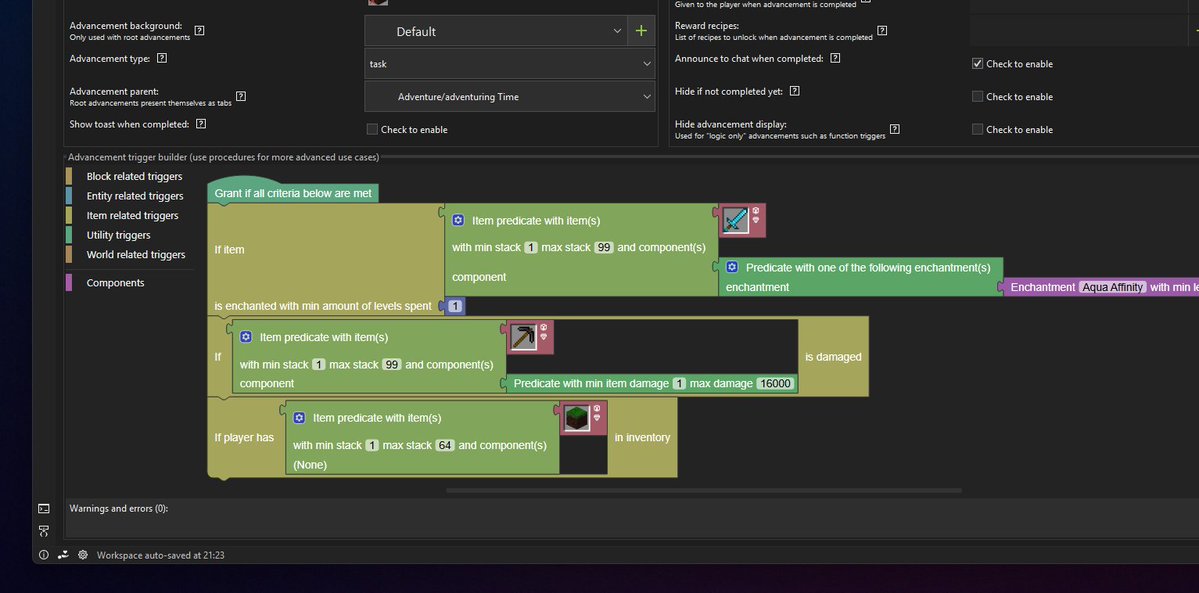 PyloDEV's tweet photo. https://t.co/f6BT4RLR8u - Other existing item advancement triggers have also been updated to support item predicate inputs in #MCreator 2026.2; existing advancements will be converted automatically. https://t.co/BNvVvYGxpQ