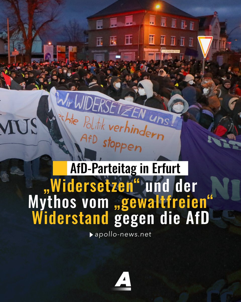 apollo_news_de's tweet photo. Das Bündnis „widersetzen“ plant, den AfD-Parteitag in Erfurt zu verhindern, und spricht dabei mantraartig von massenhaftem, „gewaltfreiem“ Widerstand. Doch der Versuch, eine ganze Großstadt lahmzulegen, dürfte kaum ohne Gewalt oder Zwang auskommen.
https://t.co/xaivZlusgf https://t.co/wUvnflUTJP