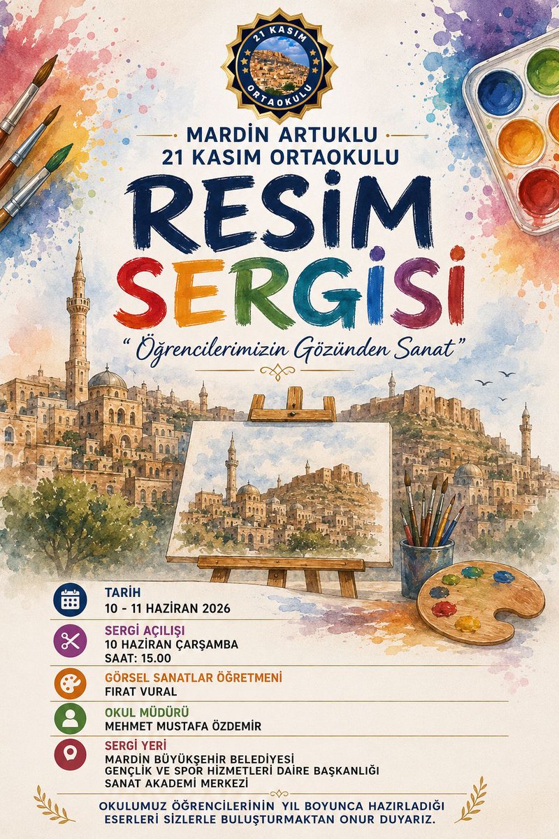 21kasimoo's tweet photo. Öğrencilerimizin yıl boyunca sanat sevgisiyle hazırladıkları eserlerin yer aldığı resim sergimize teşriflerinizden onur duyarız.
@mardinilmem 
@ali_eyyupkoca 
@artukluilcemem 
@mehmeteminduya1 
@mustafa70728847 https://t.co/8Ru0YSQn6i