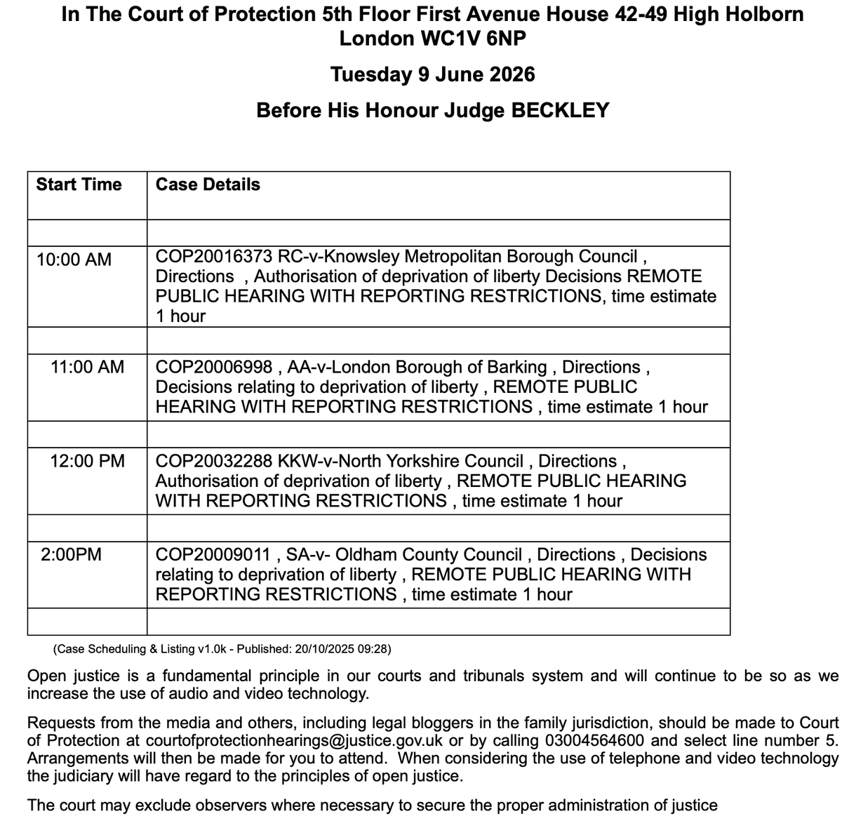 OpenJusticeCoP's tweet photo. Four remote hearings before HHJ Beckley on Tuesday 9th June 2026. 

To ask for the link, email the court https://t.co/r55QTQpwBe