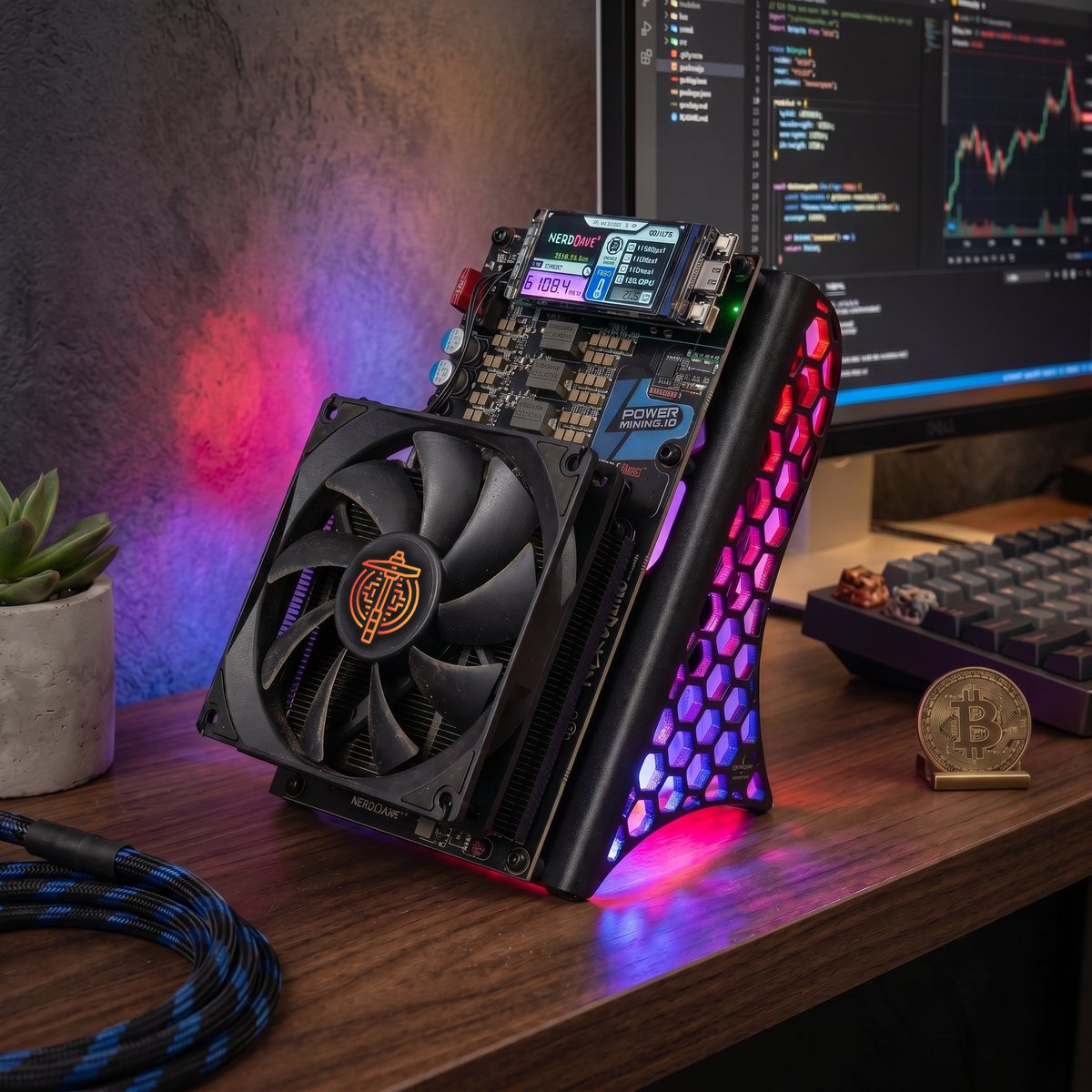 TheSoloMiningCo's tweet photo. I think it’s rather nice.

The new NerdQAxe++ Black Edition Rev 6.1.2 — built around @PowerMiningFarm’s NerdQAxe++ and refined by yours truly, I Am GPIO.

Sitting at a solid 6.1 TH/s, with the BitHalo LED board, remote-controlled lighting, rear power entry, rear fan, and a limited-edition custom metal stand designed by me.

https://t.co/zWcwznW4Yu