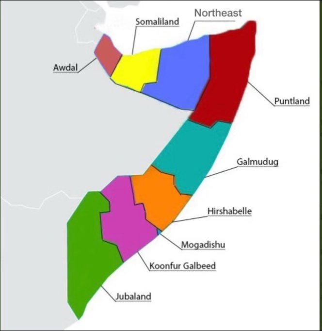 FaisalAHassan's tweet photo. @QatarStandard If you’re telling Somalia’s story, get the facts right.  The “Somaliland” secessionist claim covers only the northwest.   Northeast State of Somalia is a federal member state of the Federal Republic of Somalia. Northeast State and Puntland are separate federal member states — one from former British Somaliland, one from former Italian Somaliland.  Plus Jubaland, Southwest, Hirshabelle, Galmudug.  Somalia is federal. One country, multiple member states. Get the map right. #Somalia #Federalism