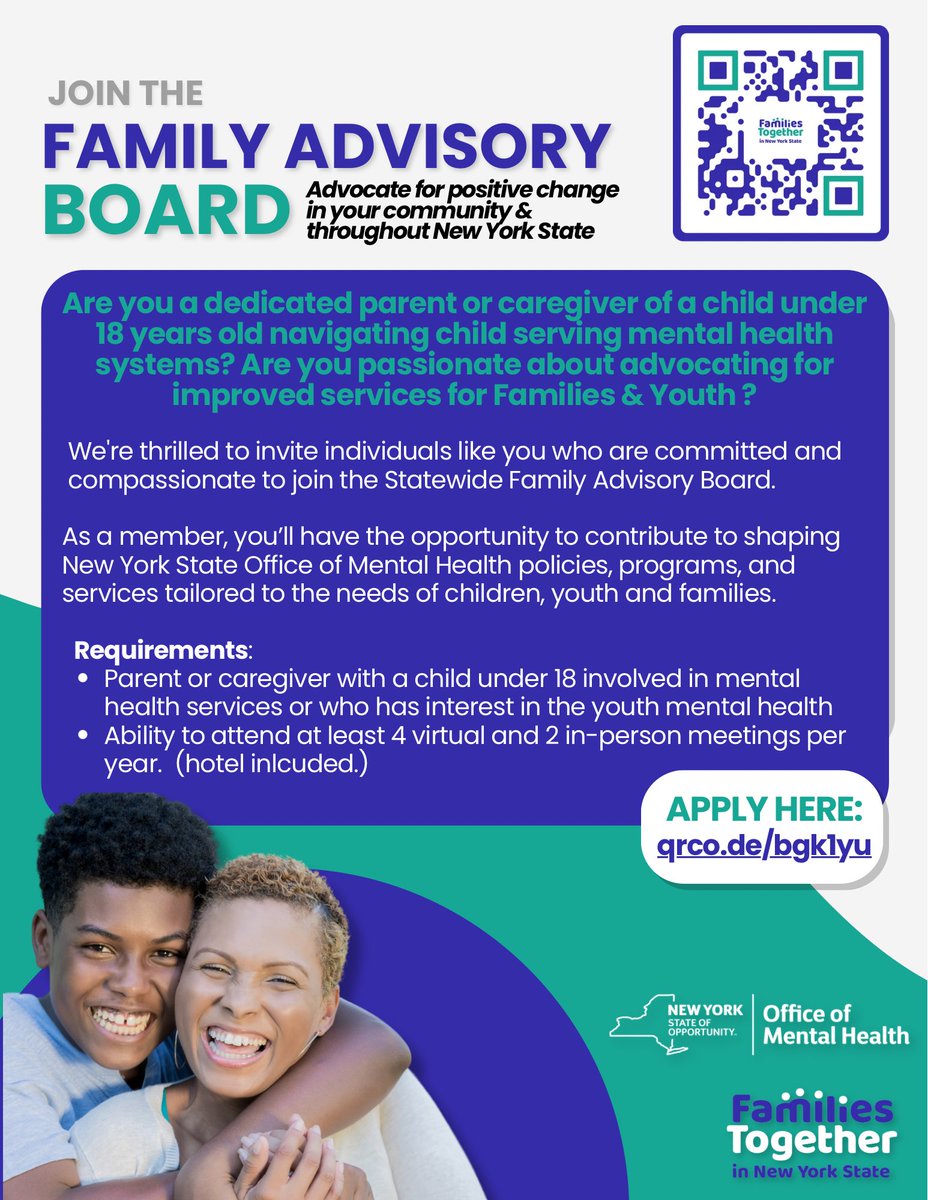 ftnys's tweet photo. Parents &amp; caregivers can help shape youth mental health services across New York State.

The Statewide Family Advisory Board is seeking families with lived experience navigating child-serving systems to advise the NYS Office of Mental Health.

Apply: https://t.co/z1KHY2Oak3 https://t.co/qDfji6O9Jm
