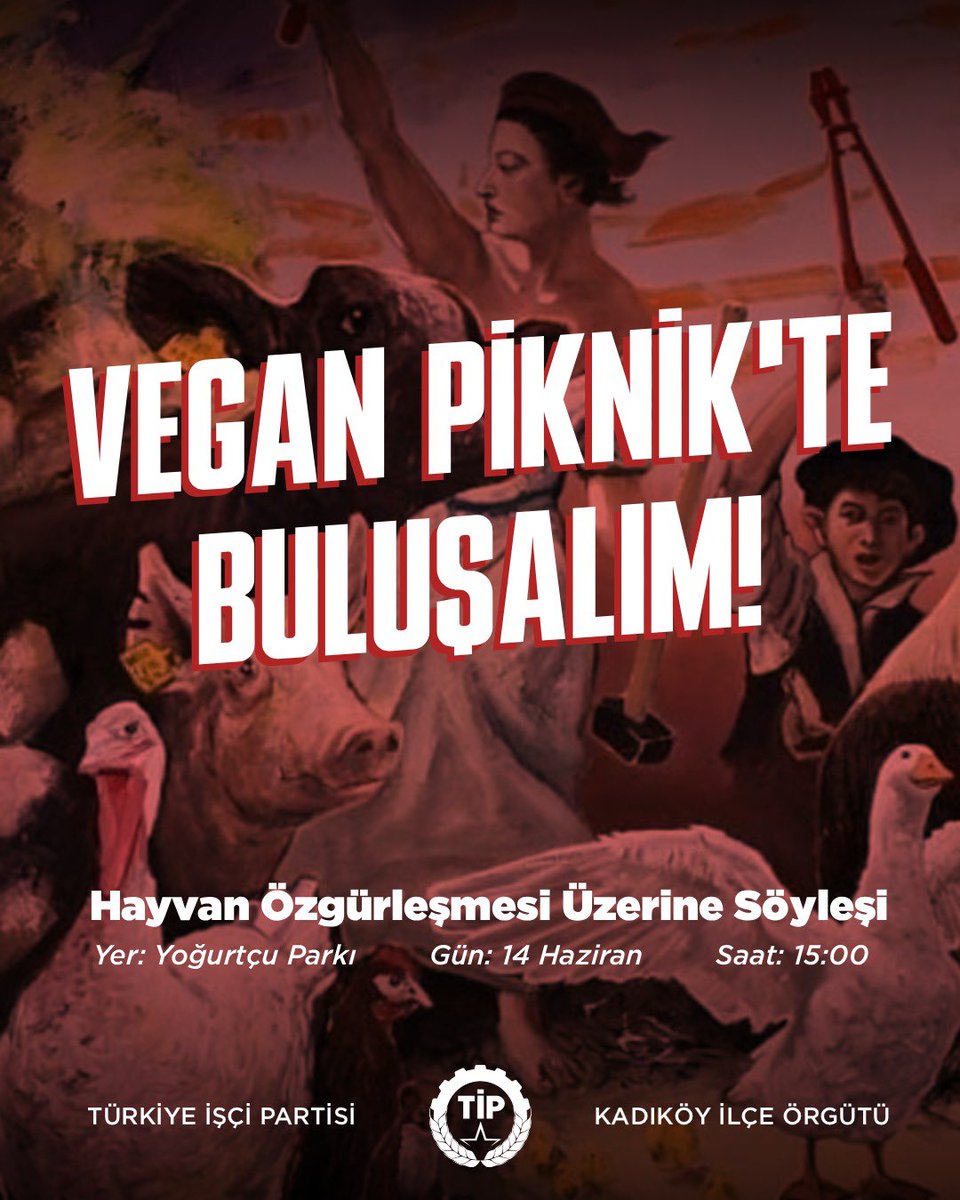 tip_kadikoy's tweet photo. Sömürünün sınırlarını konuşmaya çağırıyoruz!

Kapitalizm yalnızca işçi sınıfının emeğini değil, milyarlarca hayvanın yaşamını da kâr uğruna sömürüyor. Mezbahalar, endüstriyel çiftlikler ve laboratuvarlar sermayenin en görünmez ama en vahşi sömürü alanları arasında yer alıyor.
İnsanın insanı sömürmediği bir dünya hedeflerken, diğer canlılar üzerindeki tahakkümü görmezden gelemeyiz. Sömürünün bütün biçimleriyle hesaplaşmak, özgürlük mücadelesini de büyütür.

Sömürüsüz bir geleceğin ufkunu birlikte tartışmak için tüm yurttaşları davet ediyoruz.