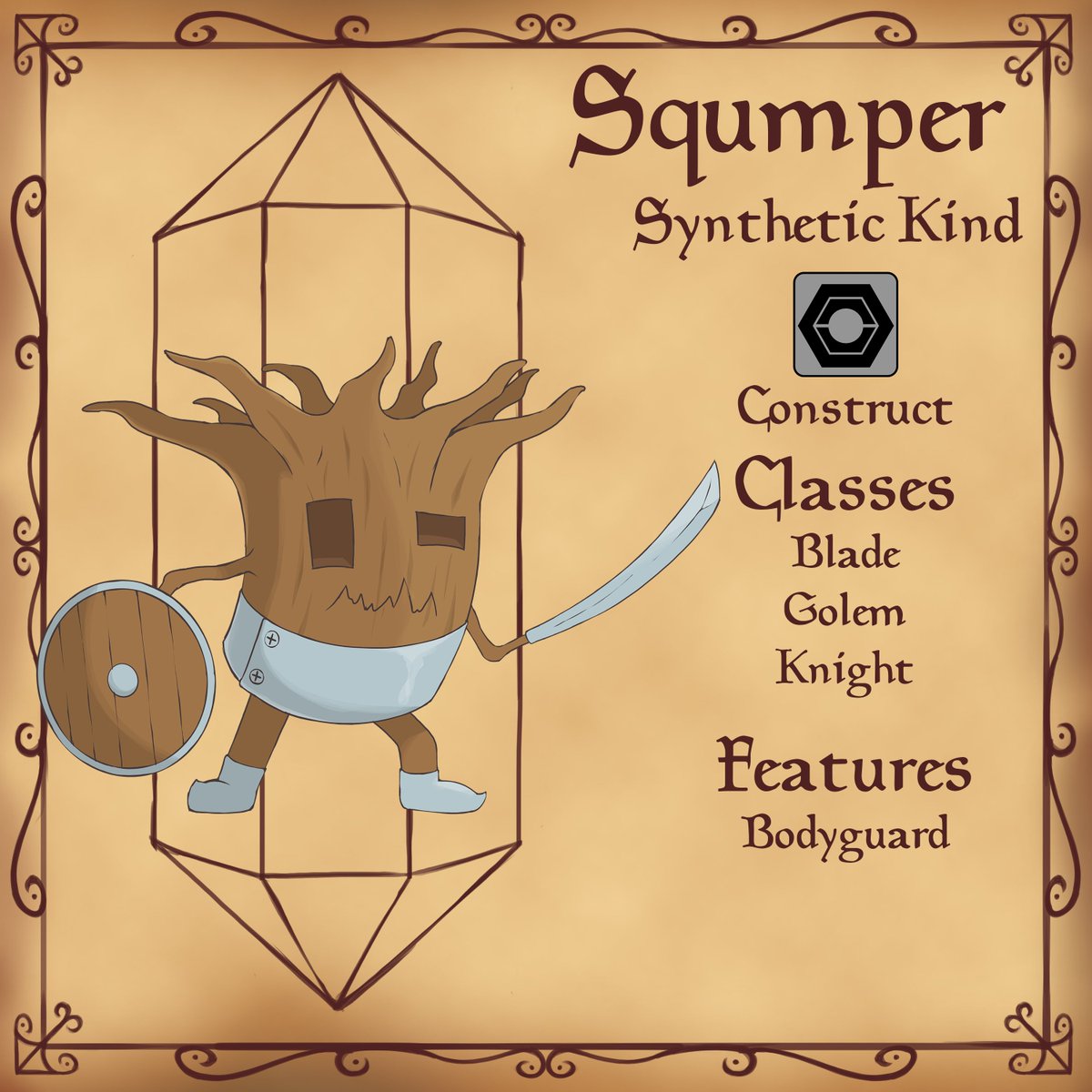 CryturesRPG's tweet photo. Squmpers owe their creation to the rudimentary knowledge of early artificers, gleaned from the tattered manuscripts of the ancients. Lacking the means to fully animate unliving material, they found their breakthrough in the use of a freshly hewn tree stump as the main body. 

Since then, Squmpers have been used as the primary defense of settlements and cities from the dangerous crytures that roam the wilds. For a time, they were also used in law enforcement, but the sheer power of a cryture proved excessive and impractical for managing ordinary humans.