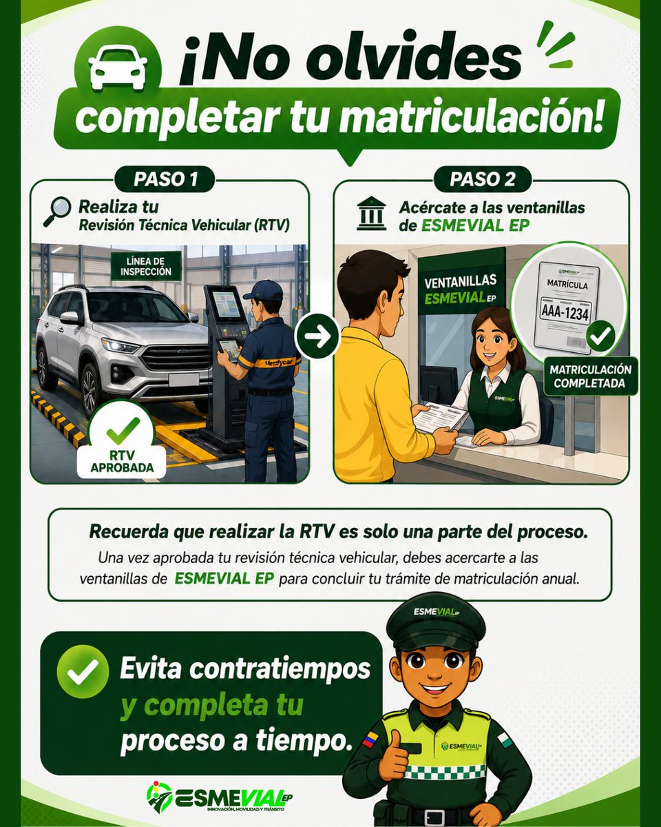 EsmeVial_EP's tweet photo. 🚘Recuerda que aprobar la Revisión Técnica Vehicular (RTV) es solo una parte del proceso. 

Una vez finalizada tu revisión, debes acercarte a las ventanillas de ESMEVIAL EP para concluir tu trámite de matriculación anual y mantener tu documentación al día.✅ https://t.co/6YqLVDHxtz
