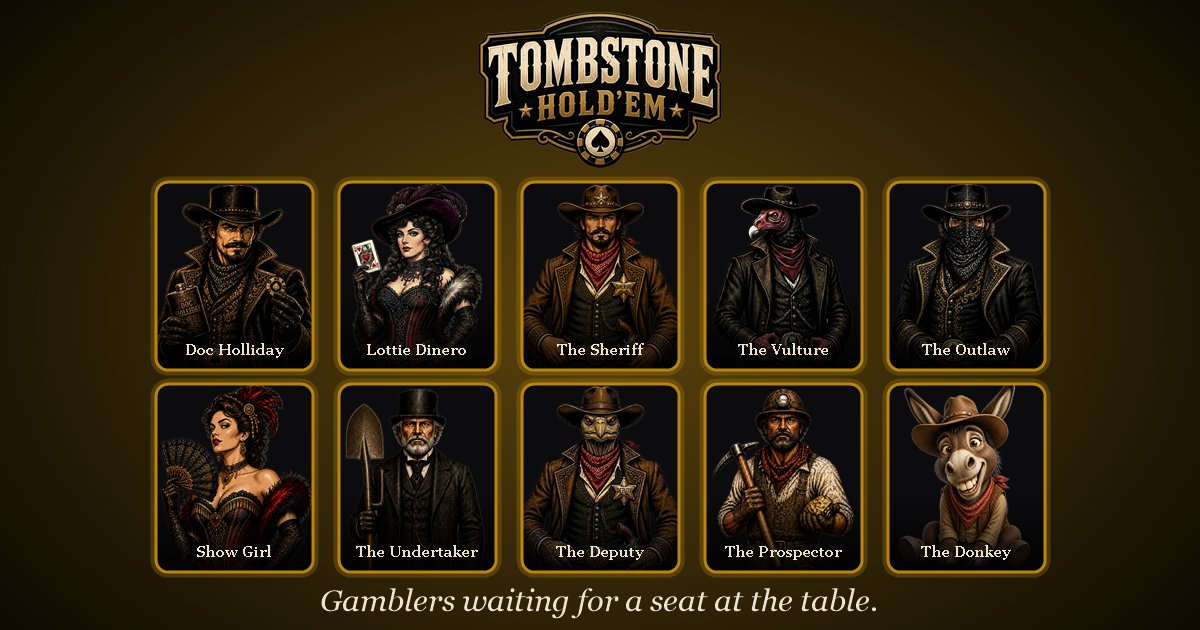 Chipslingers's tweet photo. Meet the Regulars. Ten gamblers waiting
for a seat at the table with you. 🤠

Give Tombstone Hold'em a shot @  https://t.co/7nxUEazG1C 
♠️
❤️
♦️
♣️
#holdem #onlinepoker #pokerlife #pokeronline #TexasHoldem #TombstoneHoldem #tombstone #holdem https://t.co/xKRcDi1p7B