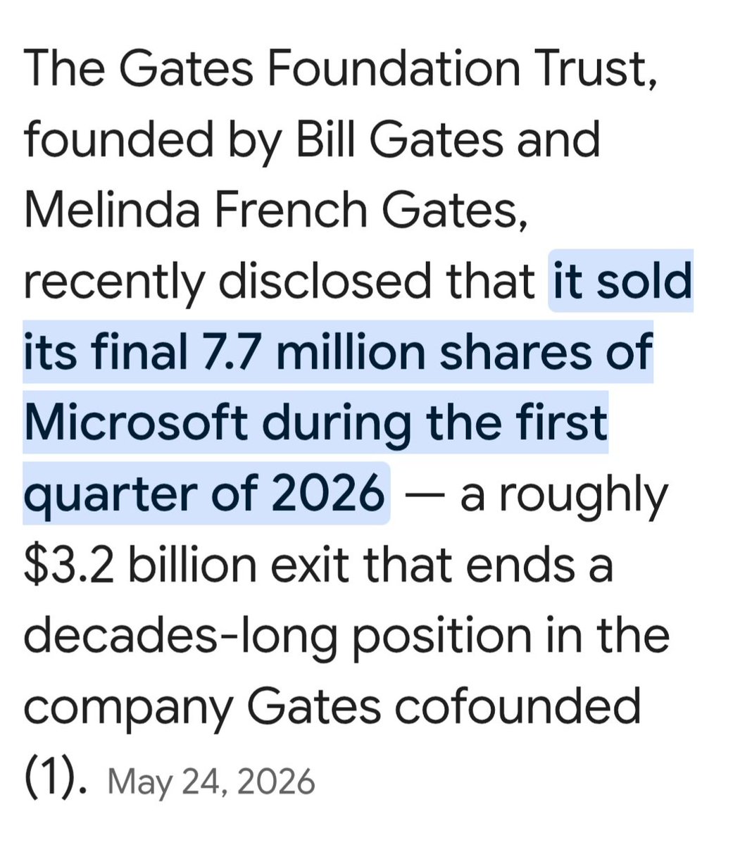 Solasta300866's tweet photo. @GOP__Ls Who didnt see this coming as Gates just sold off last of his Microsoft shares to some schmuck who will be on Trump's radar to ruin.
None of this is for US people but his personal family profit. Magas are busy converting businesses &amp; stocks into cash~Screams economic collapse https://t.co/OyvR0wpoaI