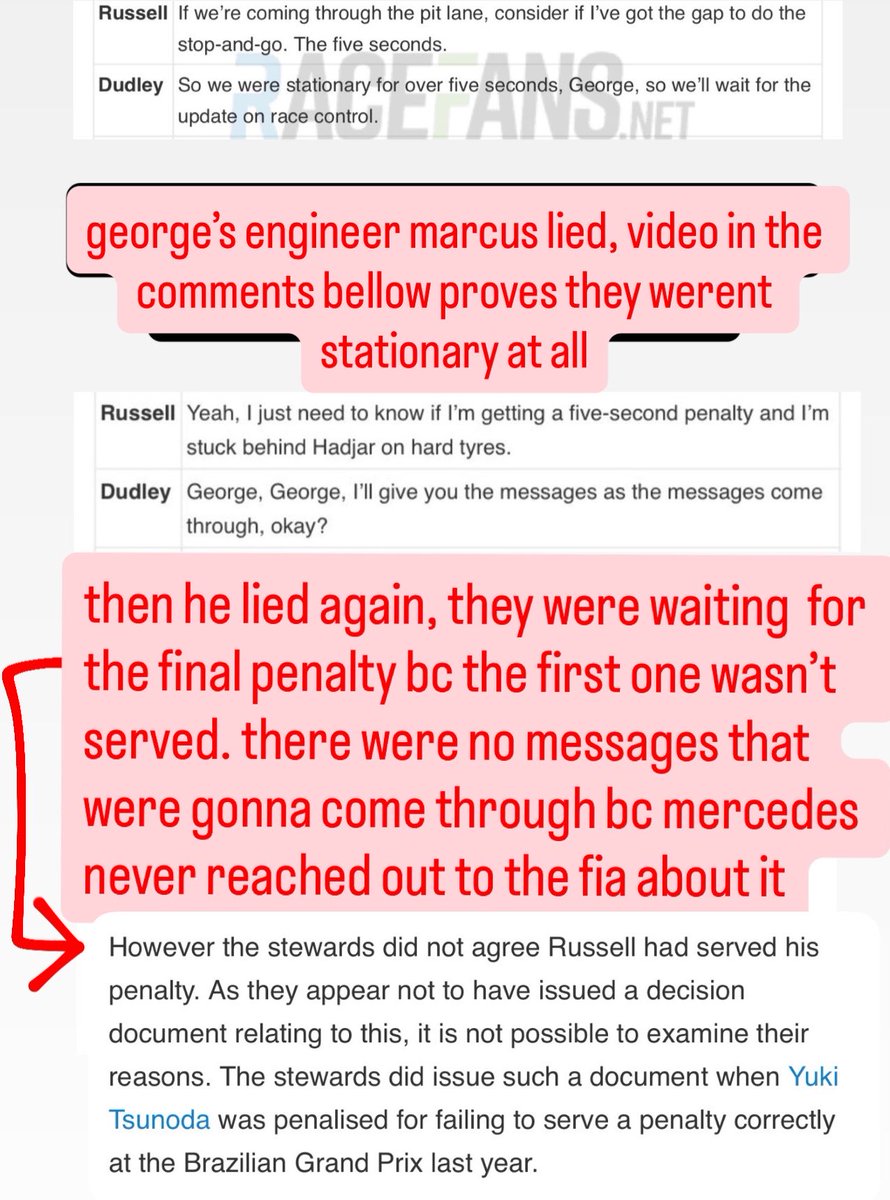 sixty_threeee's tweet photo. so toto wolff had intervene because they were basically gaslighting george after lying to him about serving the penalty then lied to him again about waiting on the fia to confirm it has been served 🤡🤡 idk how you are gonna explain this @MercedesAMGF1 https://t.co/1gw7jLQYP5