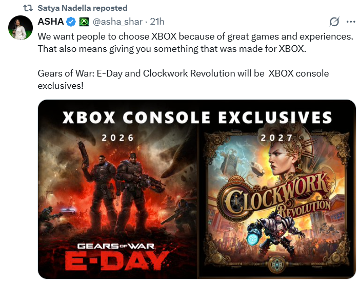 klobrille's tweet photo. Satya Nadella reposted Xbox' new commitment to Xbox Console Exclusives. https://t.co/IOVl04Oxqu