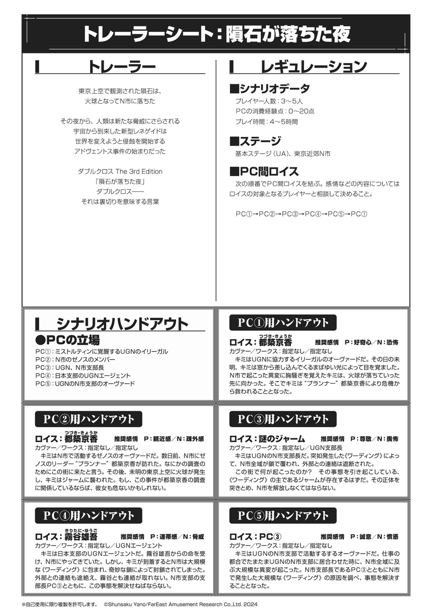 izuna_t_rpg's tweet photo. 条件を緩めて再募集
ダブルクロス3rd「隕石が落ちた夜」(SSS Vol.05収録)
GM: じゅもんさん
PL: いづな
形式: 半テキセ
募集人数: 2~4人
日程: 7, 8月~の土日中心ですり合わせ
必須サプリ: 基本1,2/上級/EA/LM/IA/UA
募集範囲: FF外OK

参加希望はリプライでお願いします！！

#PL募集 #DX3rd募集 https://t.co/4Heu5g0PlV