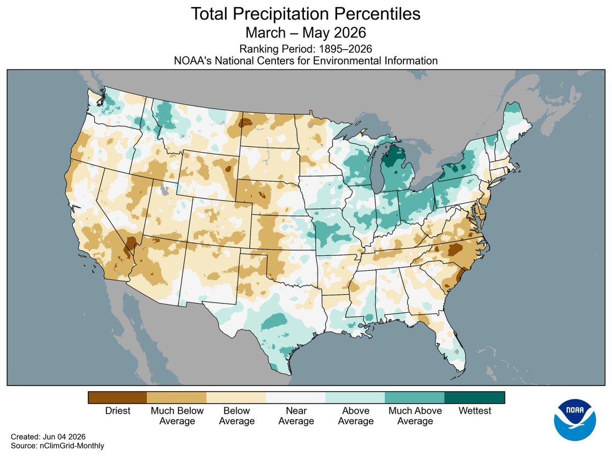 NOAANCEI's tweet photo. SECOND-WARMEST SPRING ON RECORD for CONUS! Spring records abound: TX, AZ, NM, CO set heat records while HI was record-wet ☔ and AK had its coldest since 2013. Drought persists across half the country. https://t.co/2ptVEzQye9 https://t.co/SVmptqKuv5