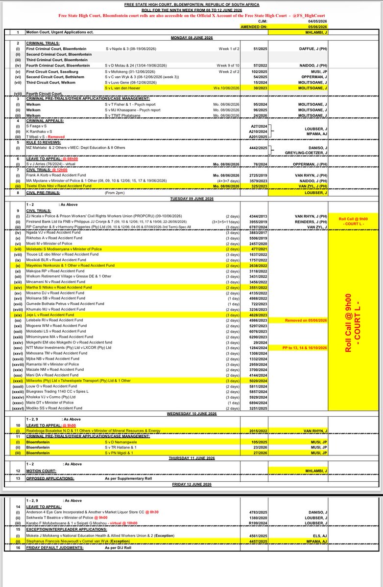 FS_HighCourt's tweet photo. Weekly Roll (Ninth Week), 08 to 12 June and Supplementary Roll 11 June 2026. https://t.co/RikJ7J5y5c
