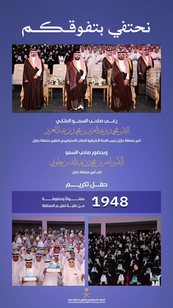JazanSDO's tweet photo. رعى سمو أمير منطقة جازان رئيس اللجنة الإشرافية لـ #المكتب_الاستراتيجي_لتطوير_جازان 
#محمد_بن_عبدالعزيز
وبحضور سمو نائبه الأمير
 #ناصر_بن_محمد
حفل تكريم 1948  متفوقاً ومتفوقة من طلبة تعليم المنطقة. https://t.co/jSqM99qvfl